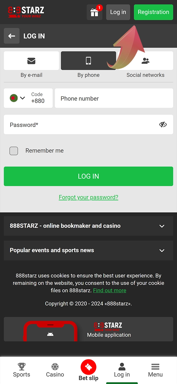 Register or log into your account from the 888Starz mobile site.