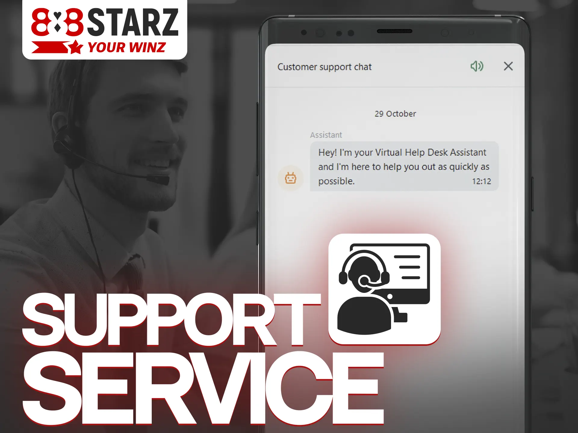 24/7 support service in the 888Starz mobile app.