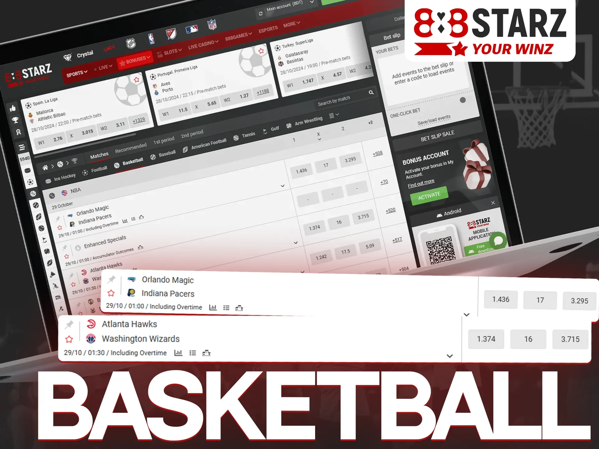 Bet on exciting basketball competitions at 888Starz.