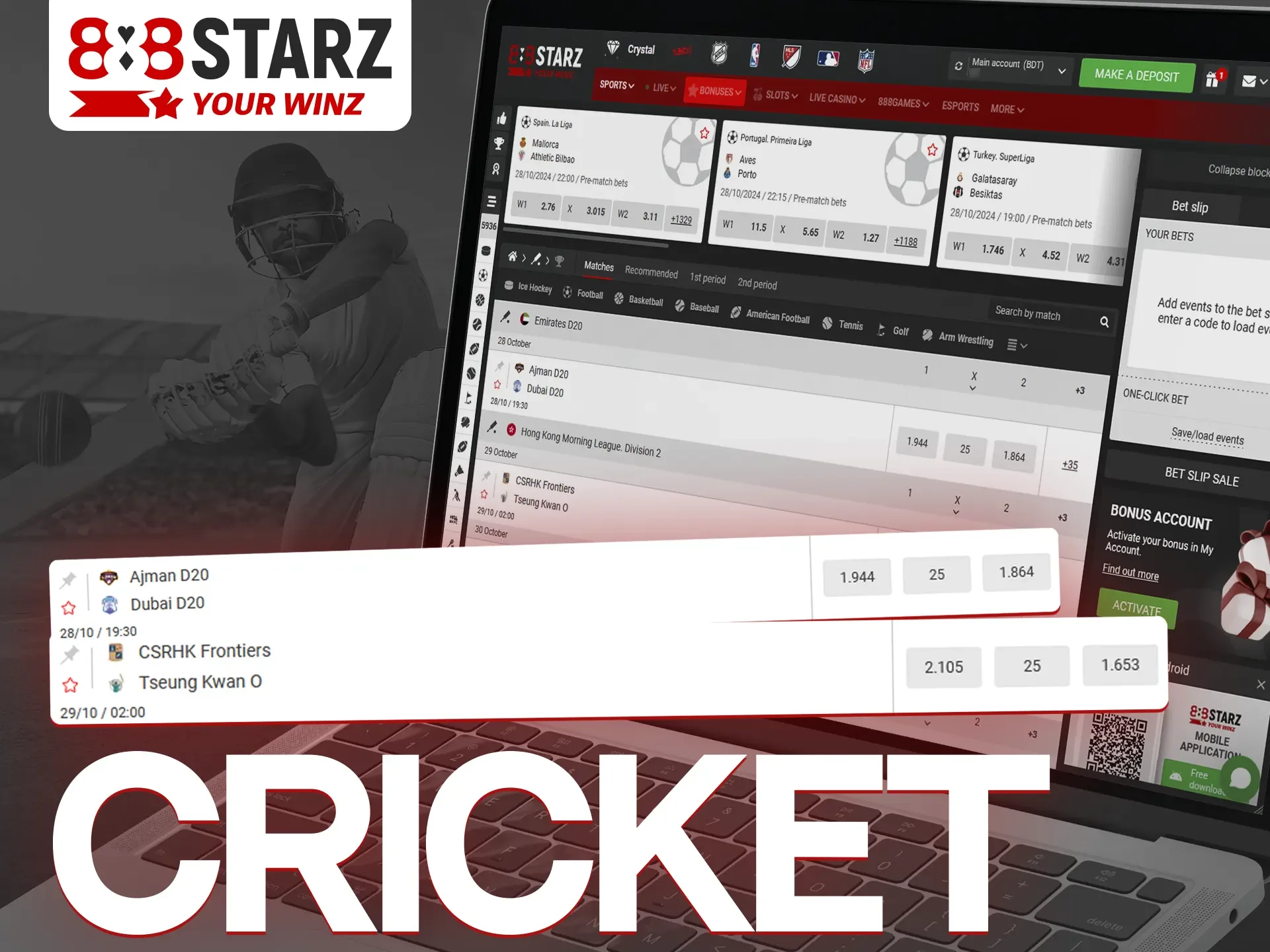 Place your bets on cricket with 888Starz platform.