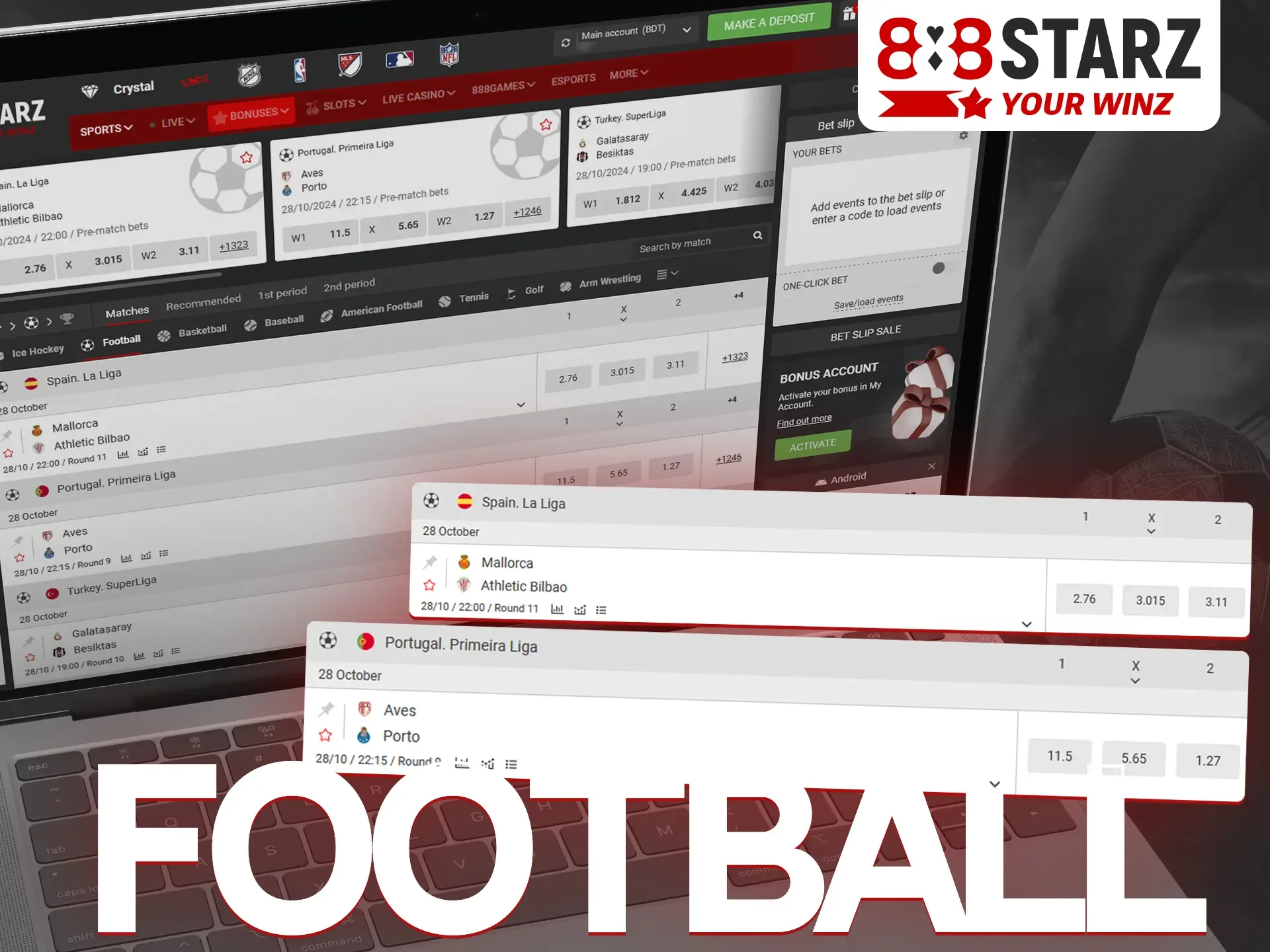 Try to bet on football at 888Starz website.