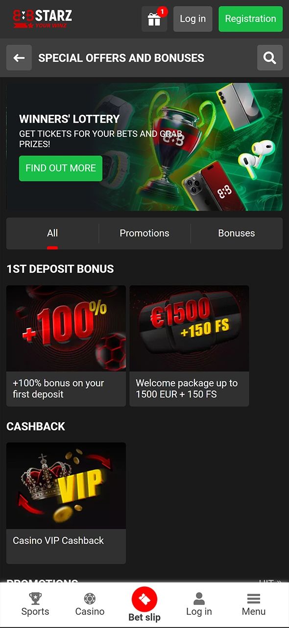 Bonuses and promotions at 888Starz.