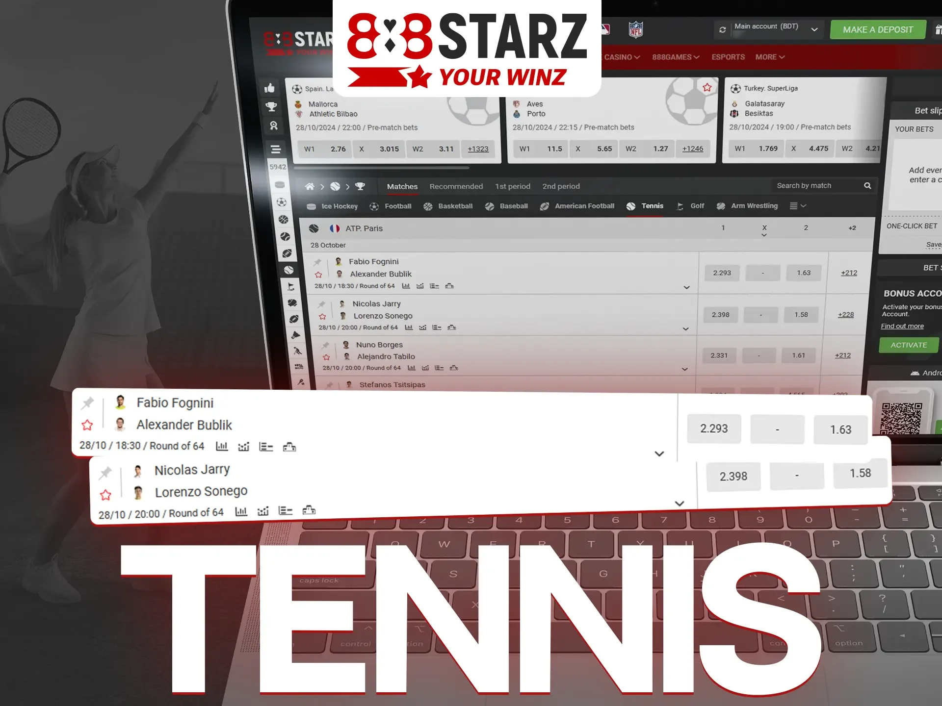 888Starz offers a comprehensive tennis betting section.