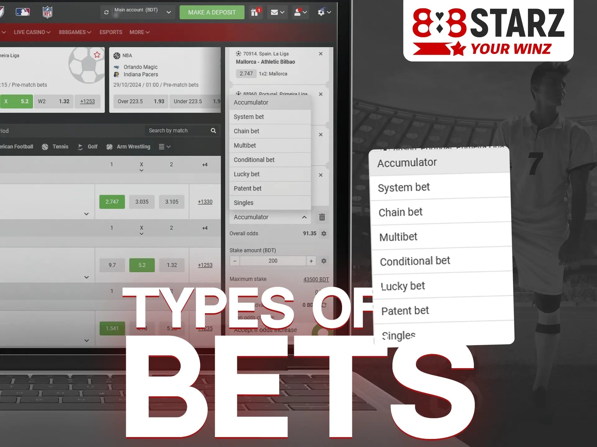 888Starz offers 10 different types of bets you can place.