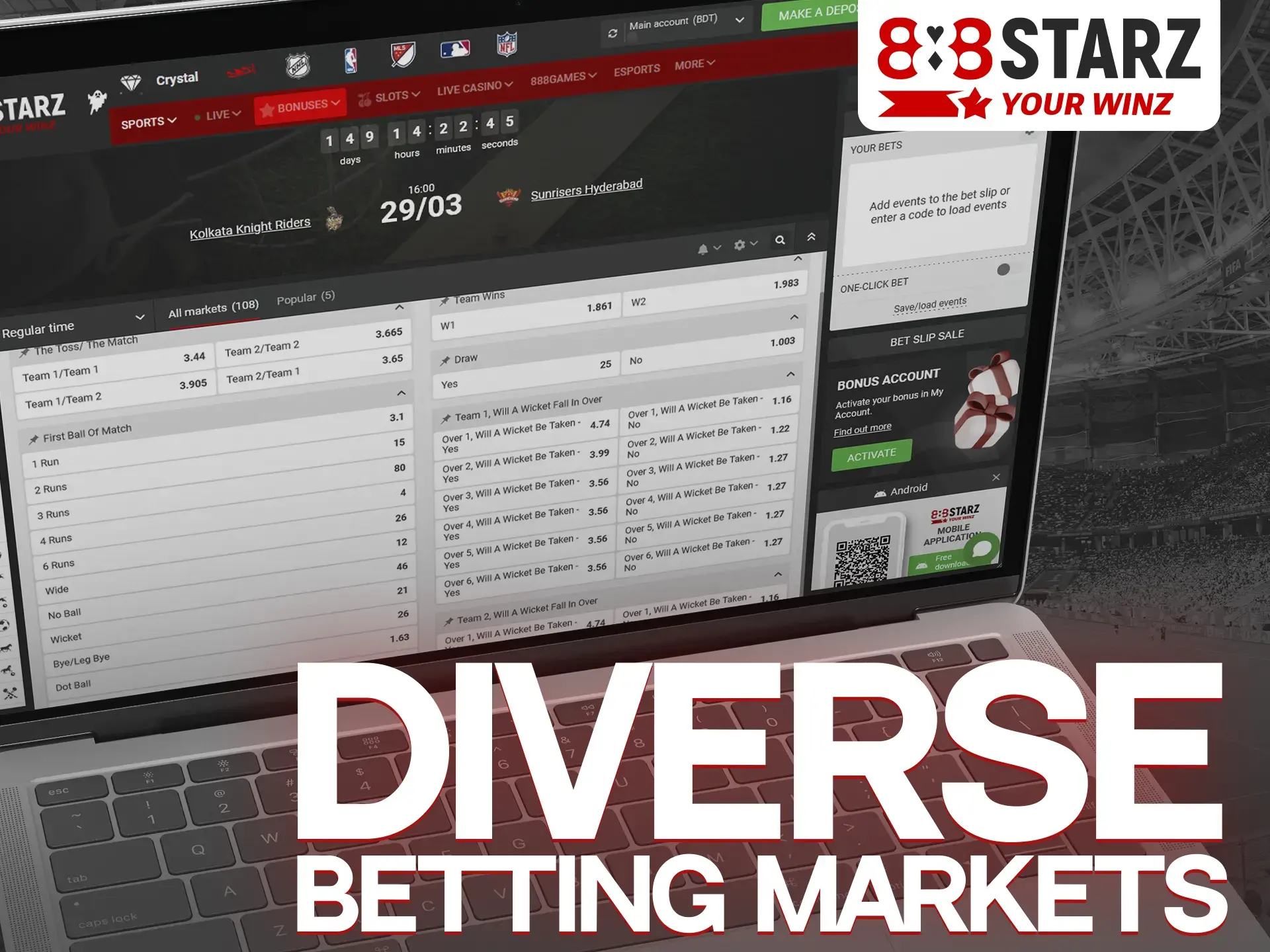 888Starz offers a wide array of betting markets on diverse events.