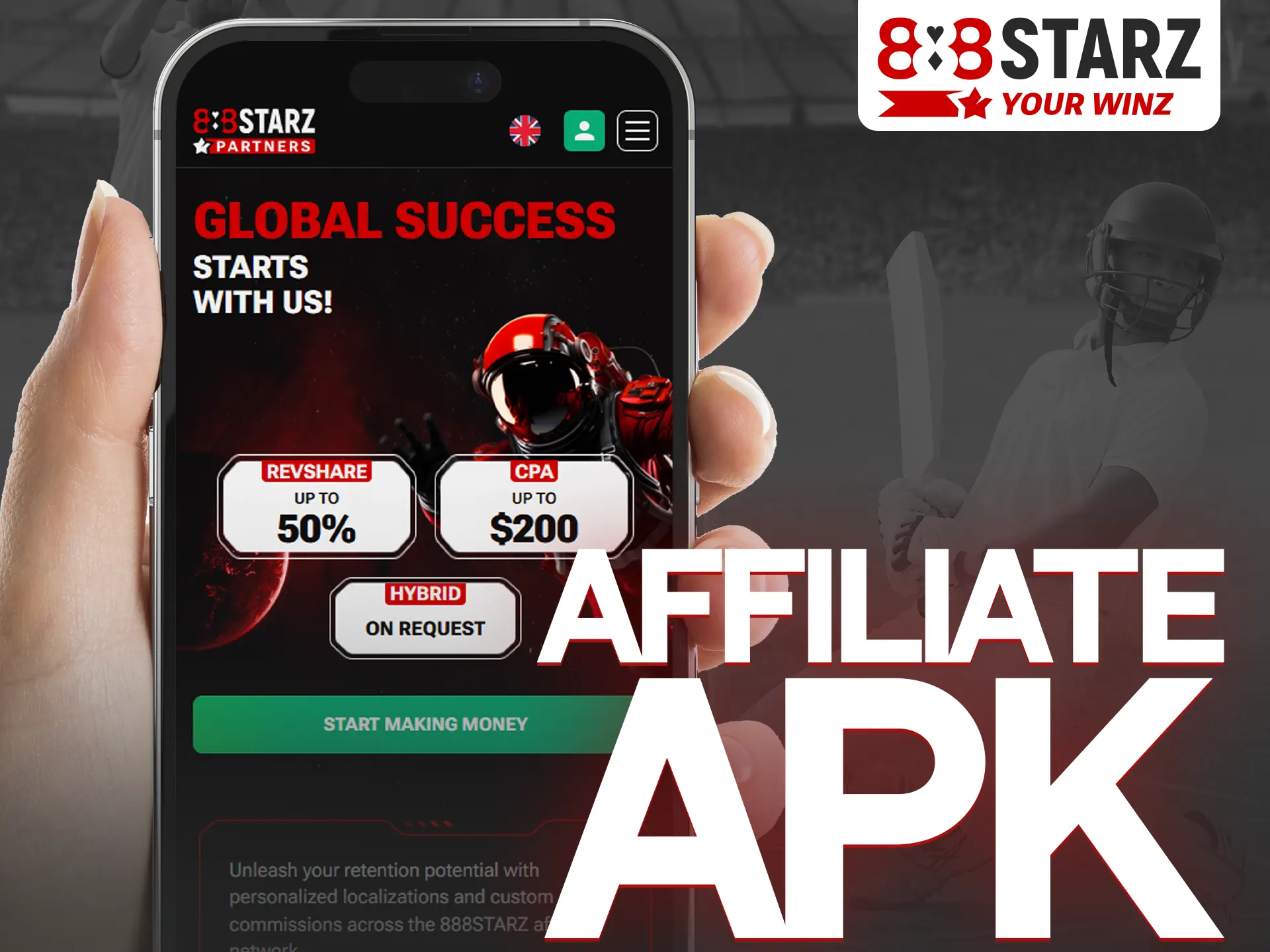 There is no 888starz affiliate apk, but you can use mobile version of the site.