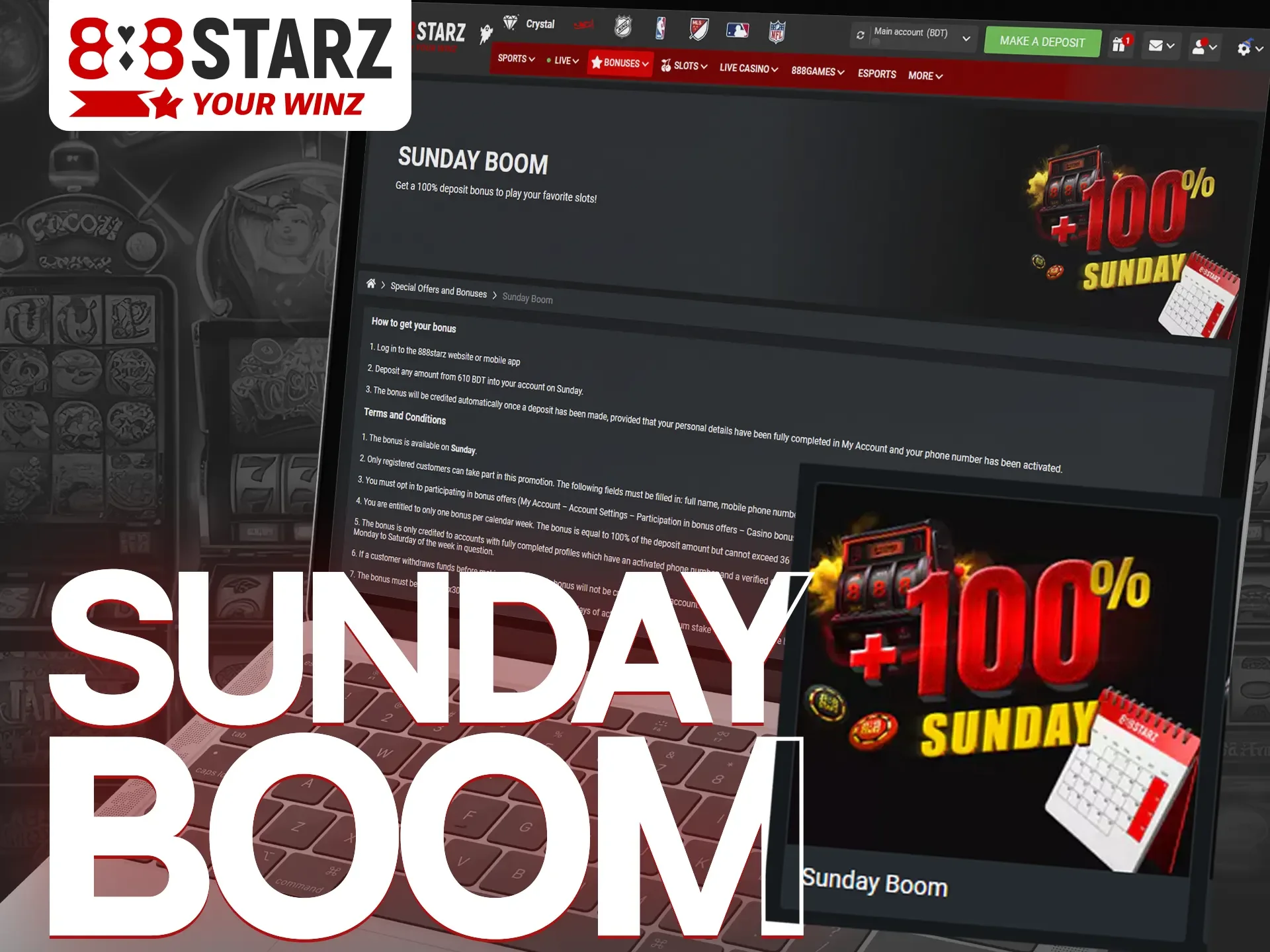 Enjoy Sunday Boom bonus at 888Starz platform every weekend.