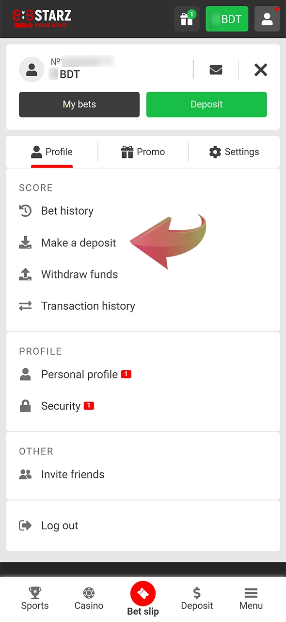 Find the 888Starz deposit section in the account menu.