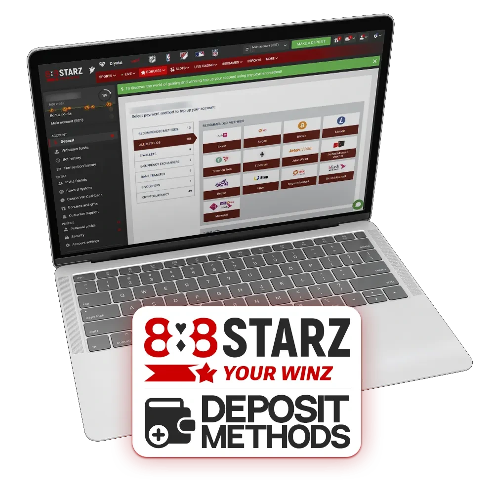 888Starz offers a variety of popular and convenient deposit methods.