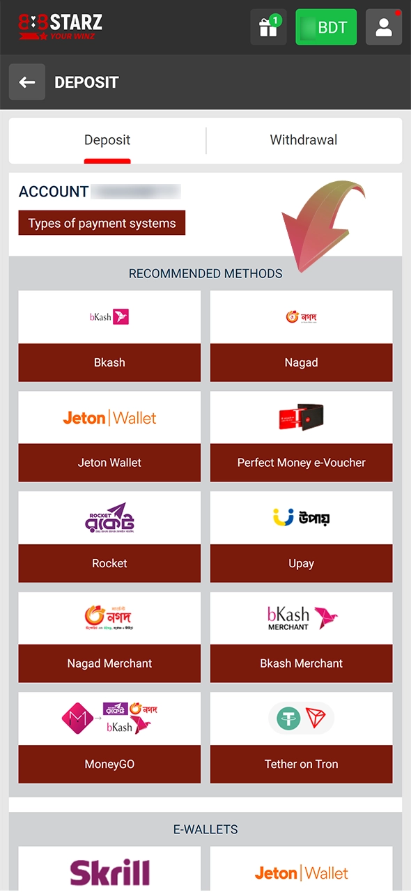 Choose one of the available payment methods at 888Starz.