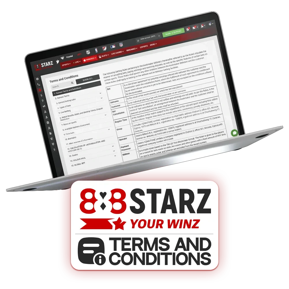 General rules for using 888Starz website and placing bets.