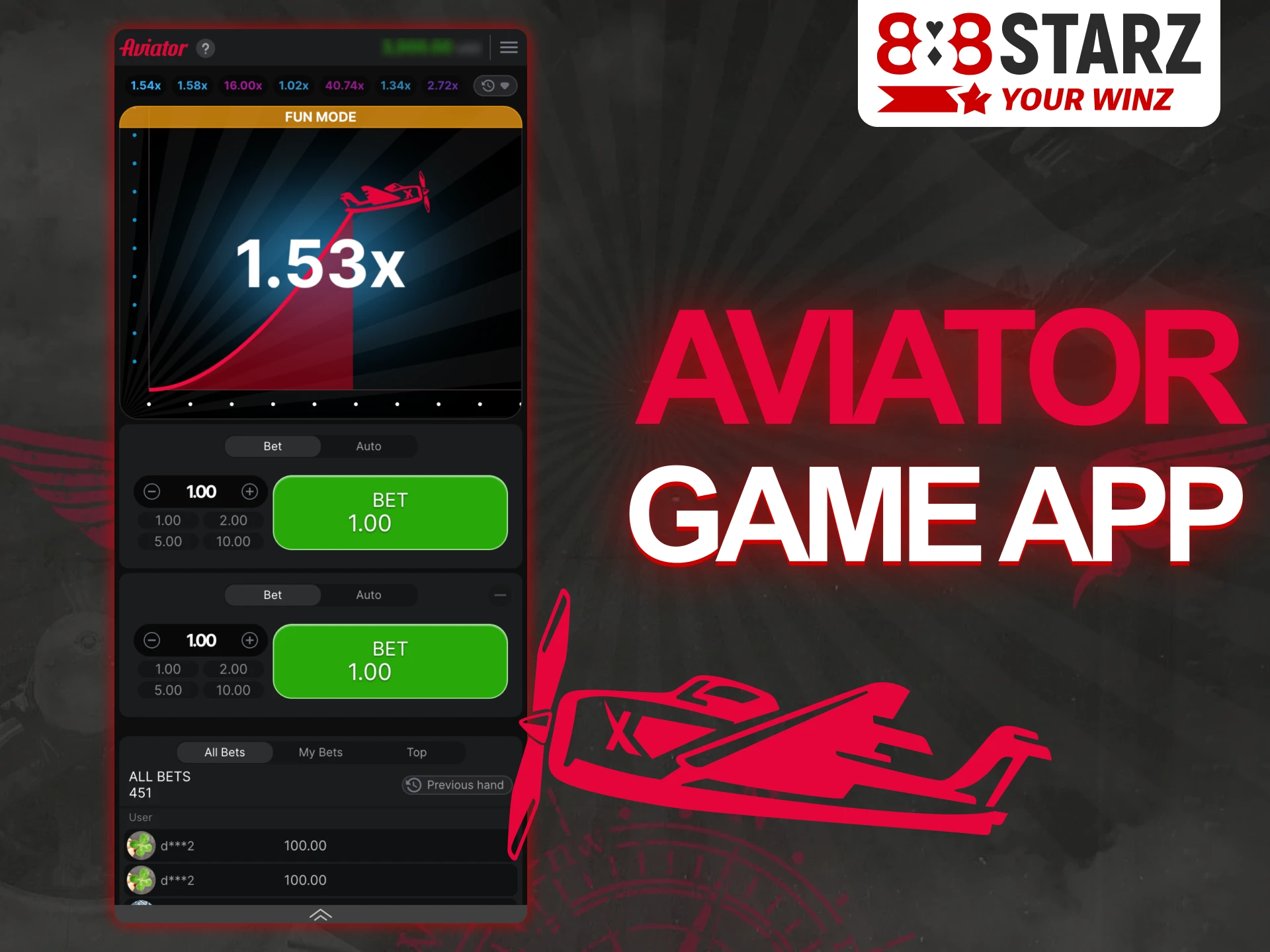 Aviator game is available on the 888Starz app.