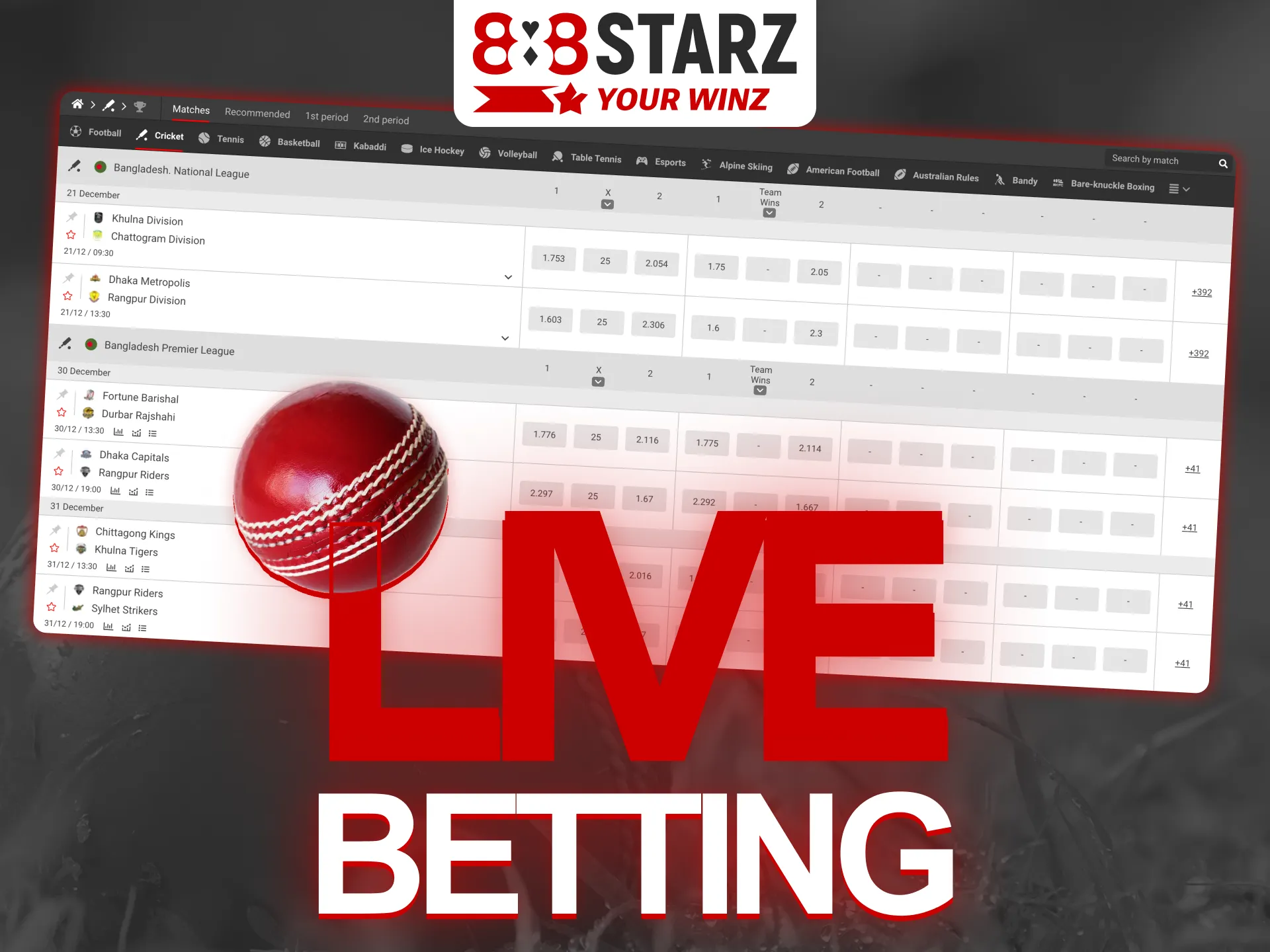 Register and get access to live cricket betting at 888Starz.