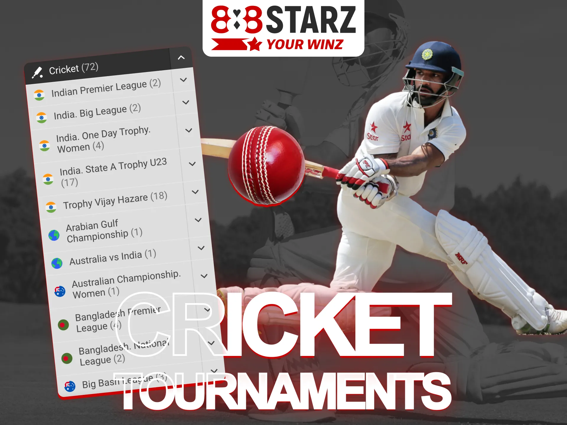 888Starz platform is rich in cricket betting events.