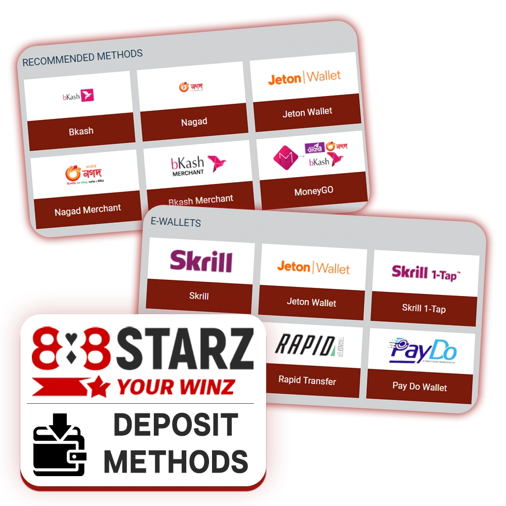 888Starz offers a variety of popular and convenient deposit methods.