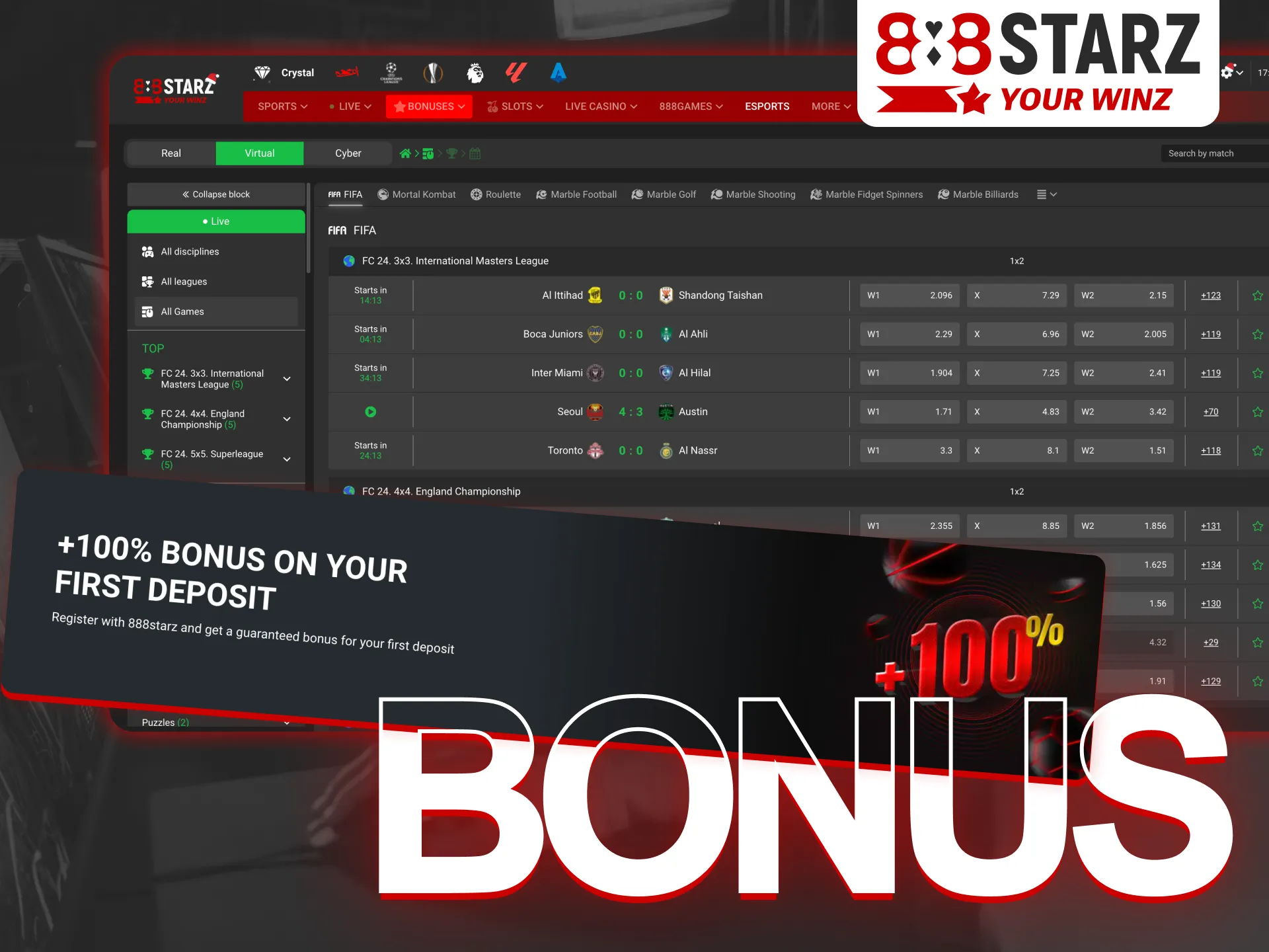 888Starz eSports betting has a great signup bonus.