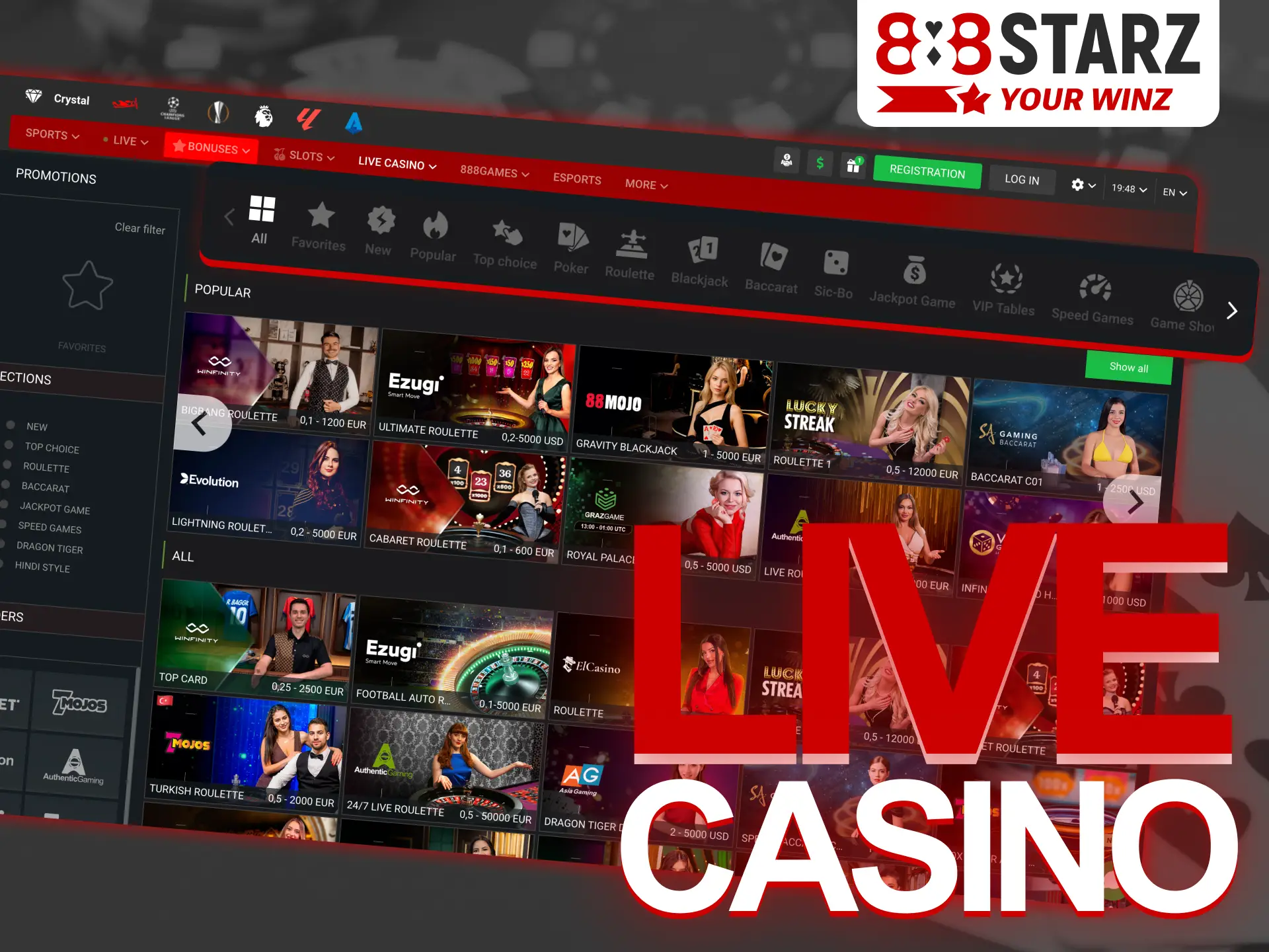 The live casino section at 888Starz is a great betting option.