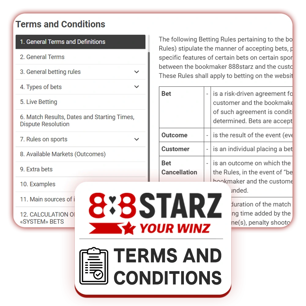 General rules for using 888Starz website and placing bets.