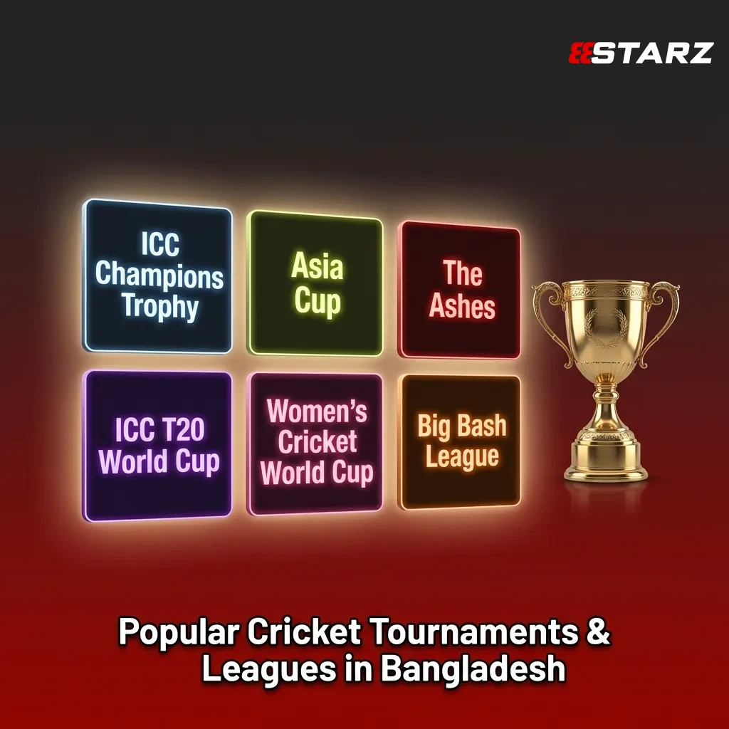 Cricket tournaments including ICC World Cup, T20 World Cup, The Ashes, IPL, and Bangladesh Premier League matches