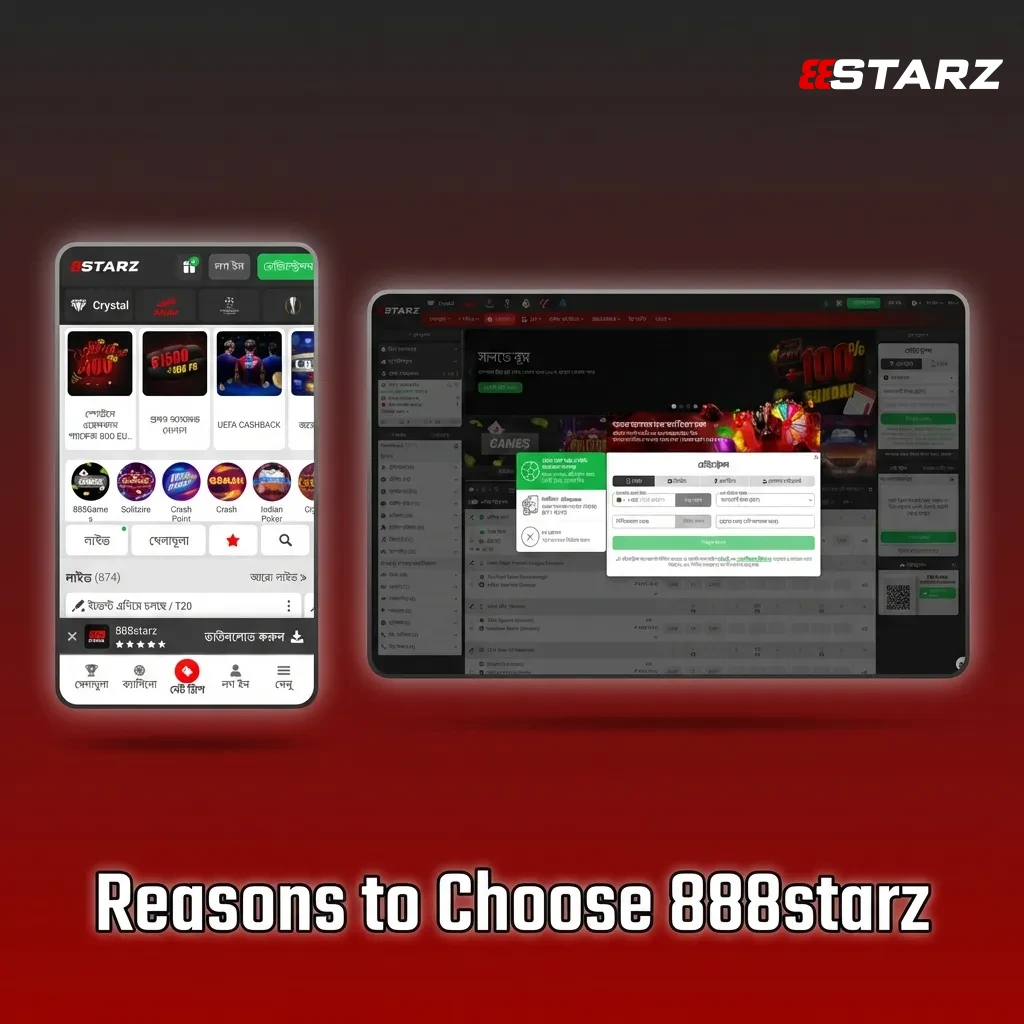 Infographic showing 888starz benefits: Curacao license, local payment methods, 200% bonus, mobile apps, and 24/7 Bangla support