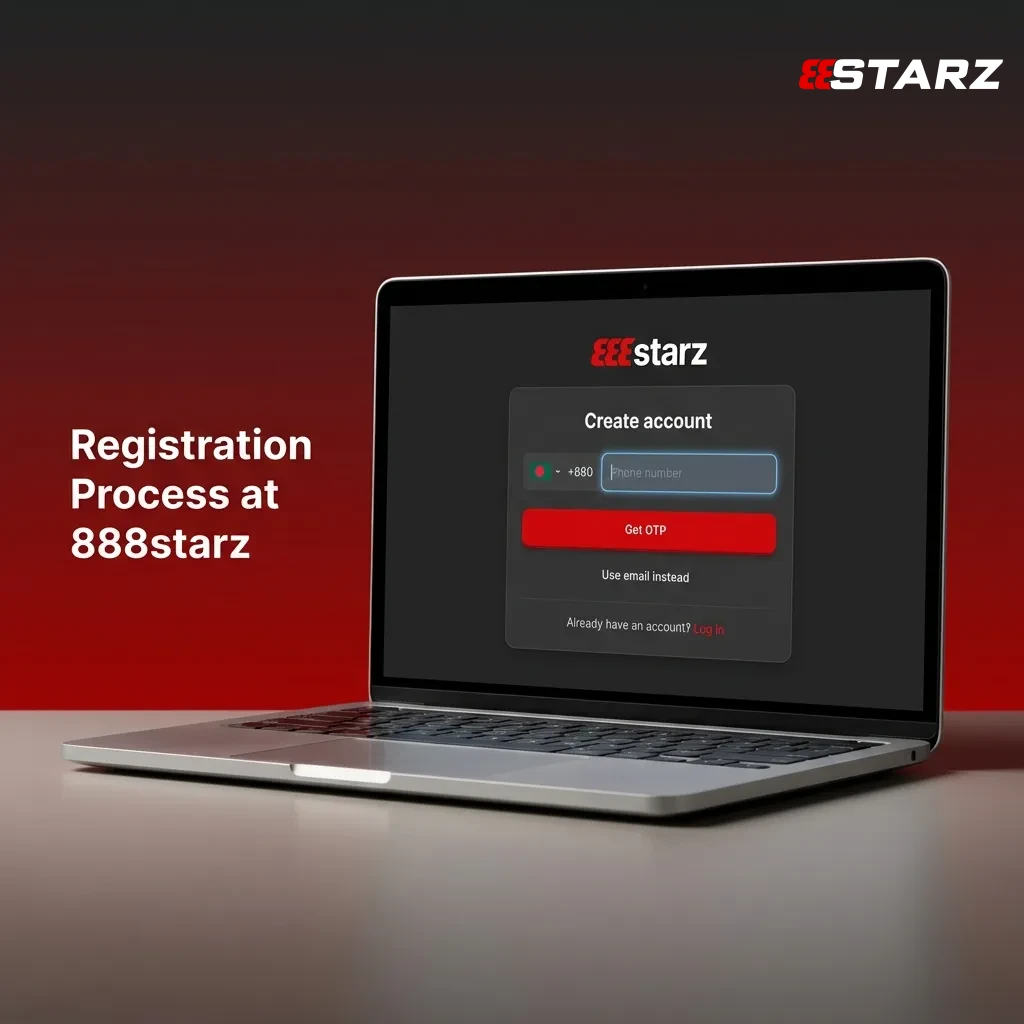 Quick registration modal at 888starz showing email, phone, and social login options with BDT currency selection
